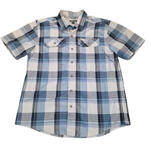 Eddie Bauer Men’s L Blue Plaid Fishing Shirt Short Sleeve Vented Mesh Back Hike